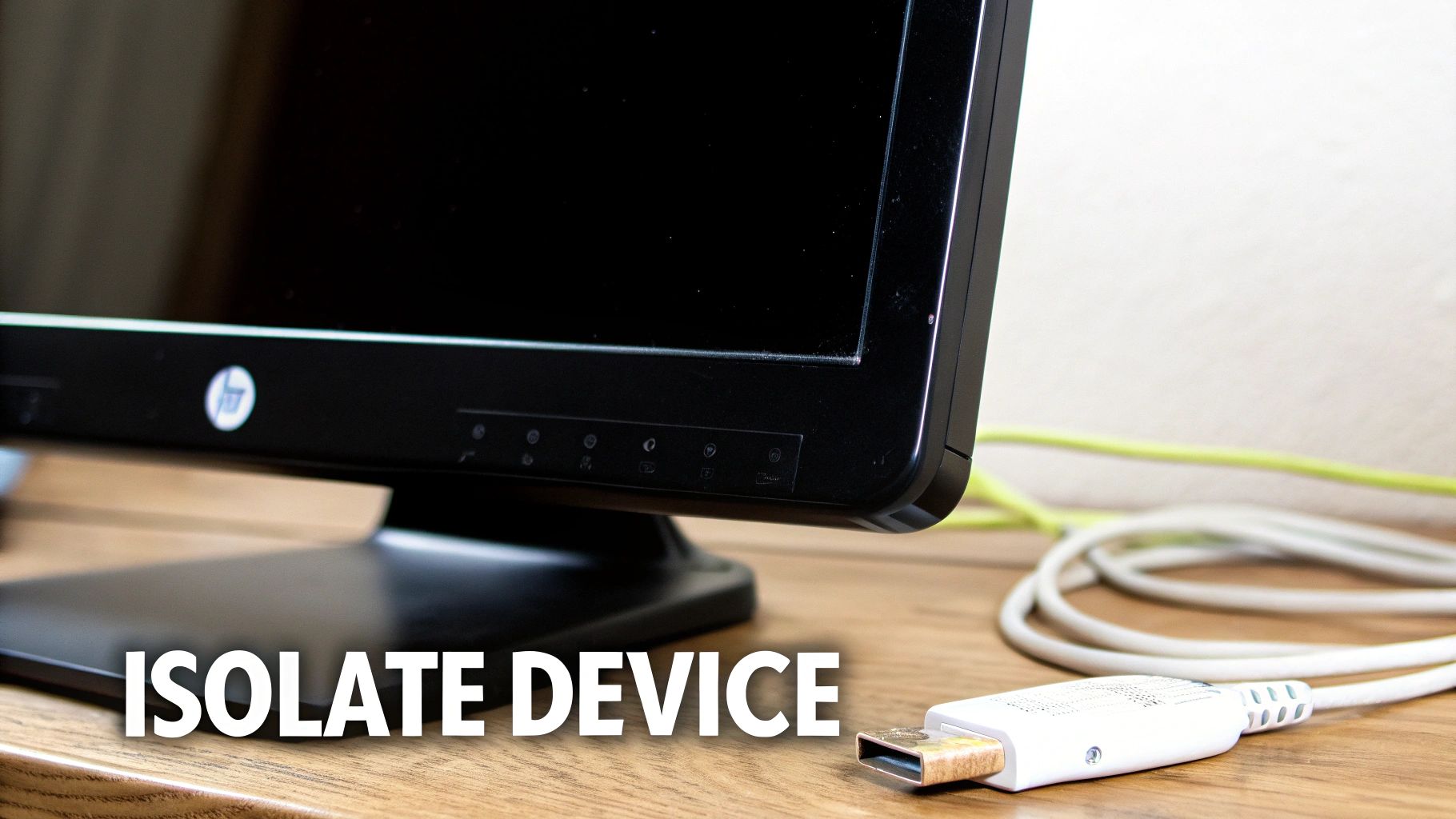 Black HP computer monitor on a wooden desk with a white USB-A cable.