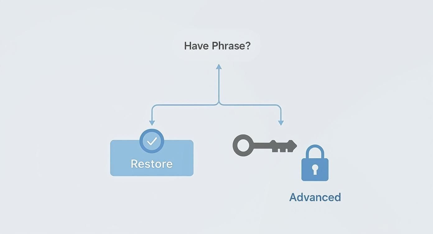 Infographic showing a decision tree for wallet recovery based on having a seed phrase.