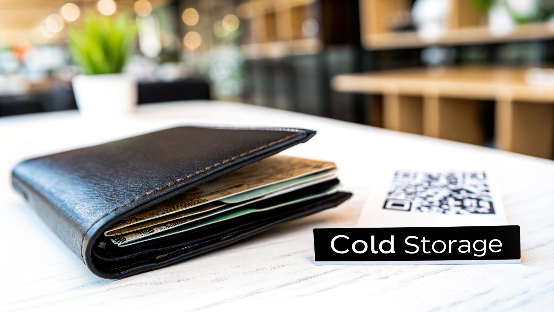 A black leather wallet with paper cards, a QR code, and a 'Cold Storage' sign on a white table.