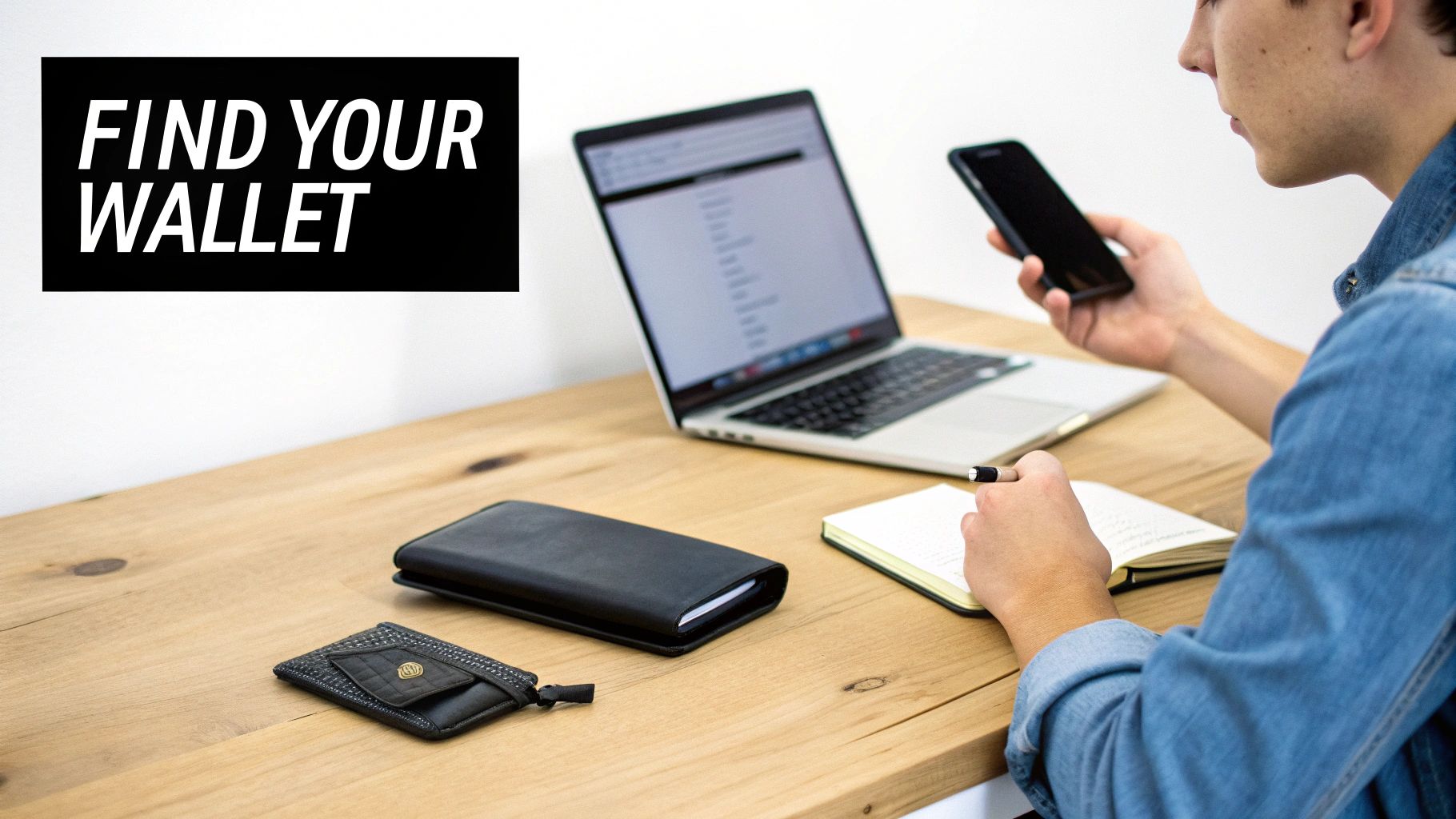 A person works at a wooden desk with a laptop, smartphone, notebook, and two wallets visible, with text 'FIND YOUR WALLET'.