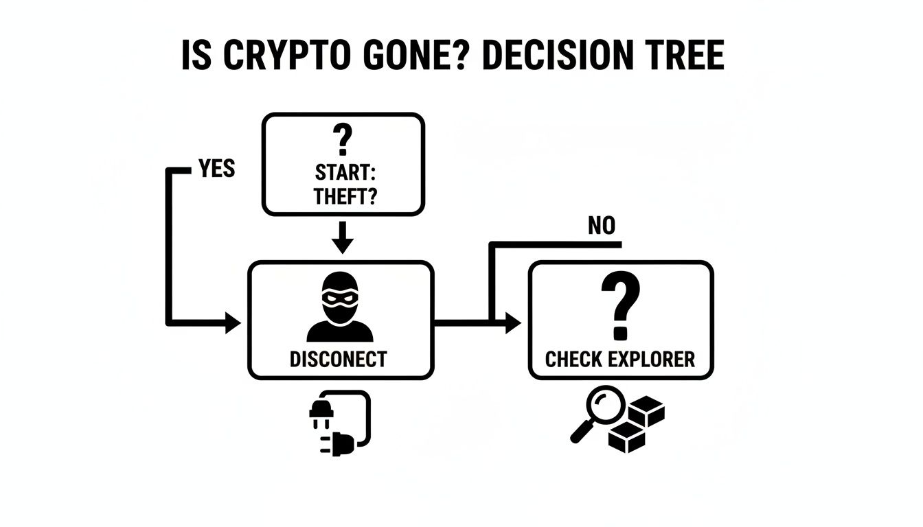 Decision tree flowchart showing steps if crypto is gone: start with theft, disconnect, then check explorer.