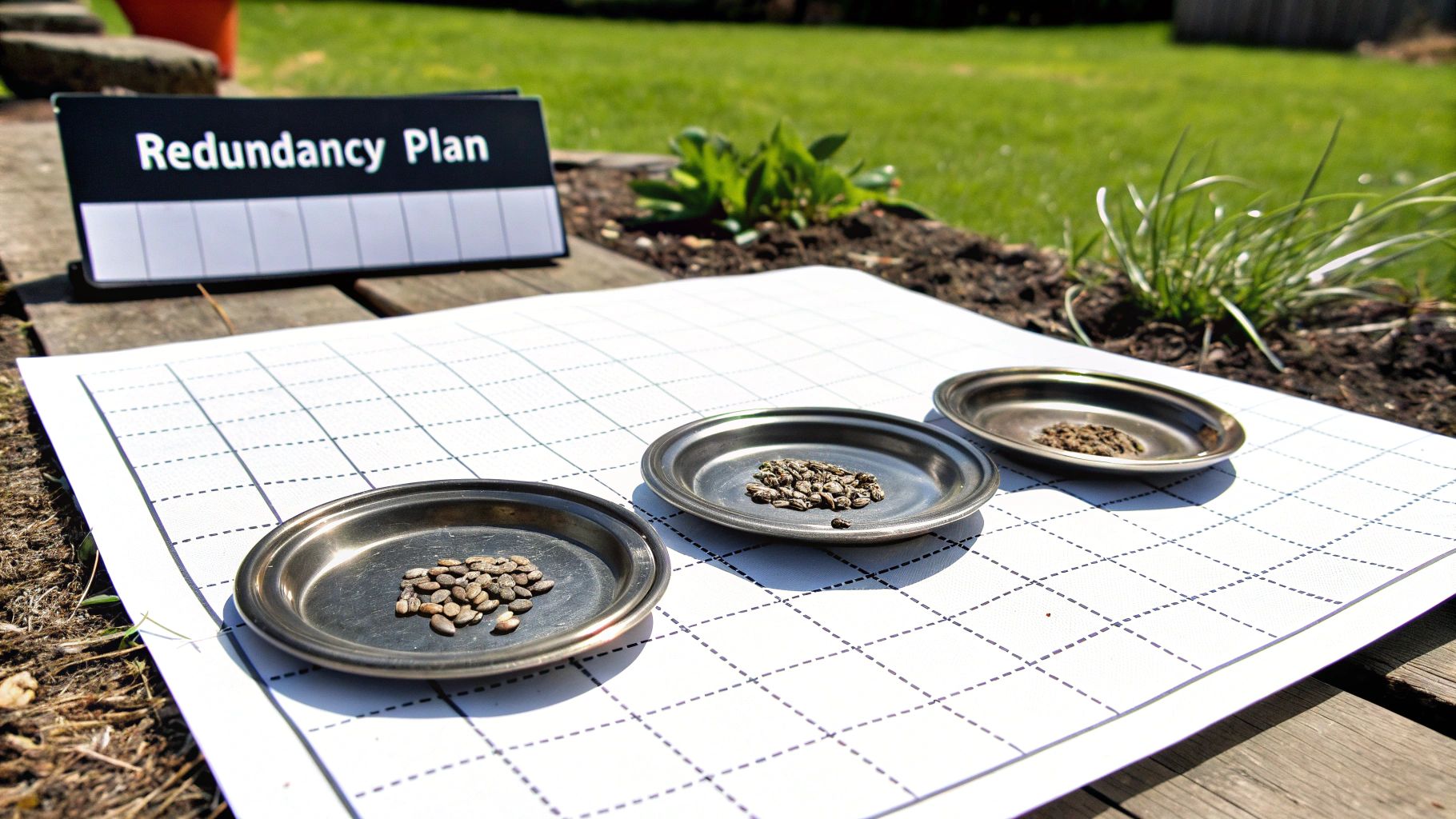 Three metal dishes with various seeds sit on grid paper beside a "Redundancy Plan" sign.