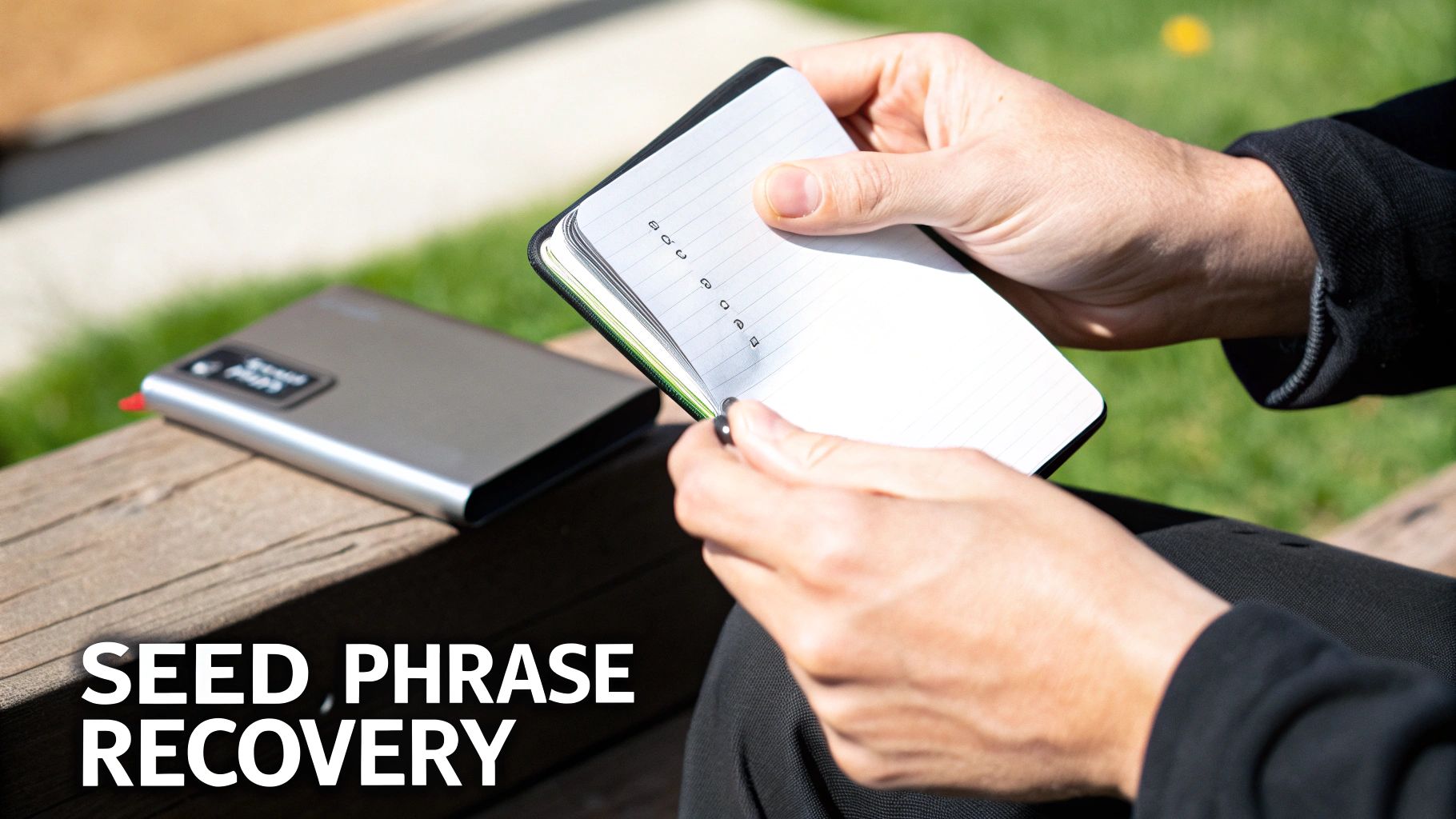 Person writing a seed phrase in a small notebook, next to a hardware wallet, for recovery.