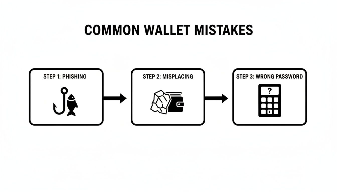 A diagram illustrating common wallet mistakes: phishing, misplacing, and wrong password.