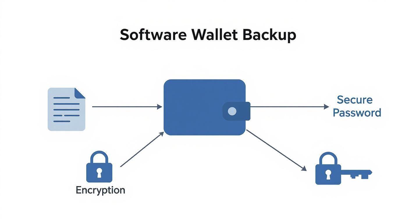 Diagram illustrating software wallet backup process, showing data input, encryption, and secure password output.