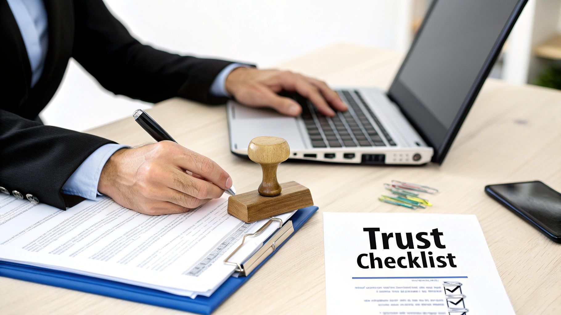 A person in a suit signing legal documents with a pen, next to a 'Trust Checklist' and a laptop.