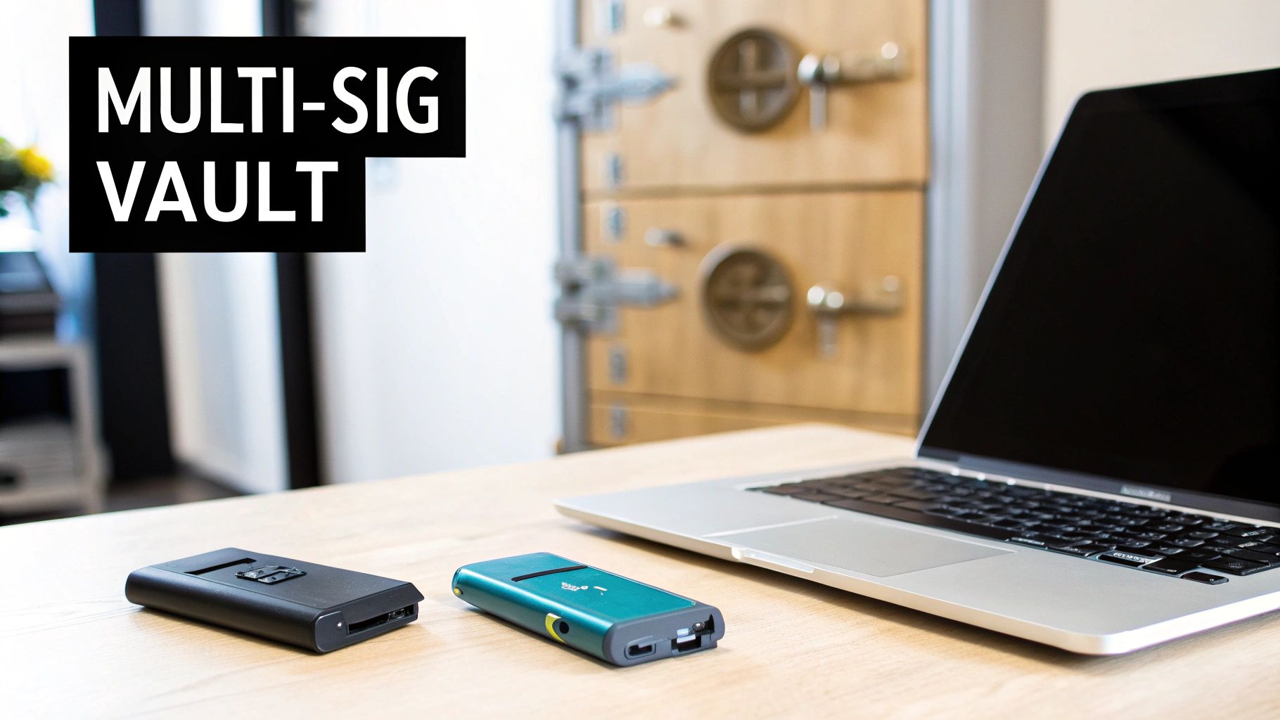 Two hardware wallets and a laptop on a desk, featuring 'MULTI-SIG VAULT' text and a safe.