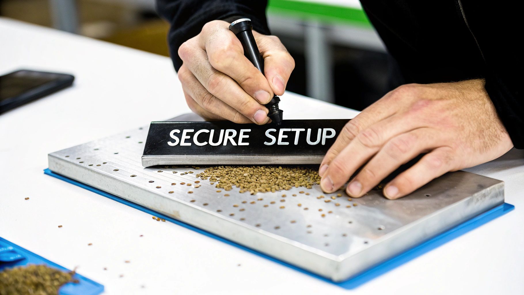 A person's hands work with a tool on a metal tray filled with pellets and a 'SECURE SETUP' sign.