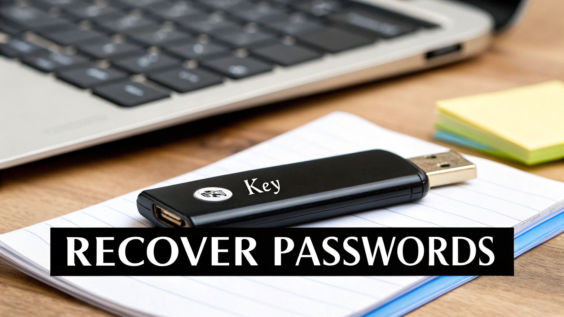 A black USB drive labeled "Key" on a notebook, with a laptop and "RECOVER PASSWORDS" text.