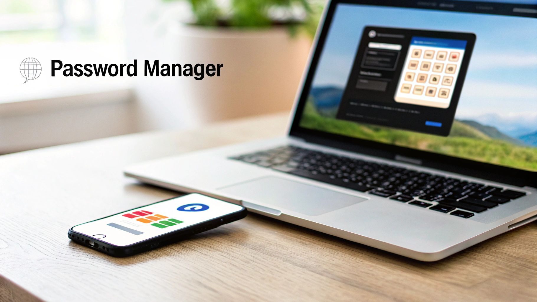 Laptop and smartphone on a wooden desk, both showing digital password manager interfaces for secure access.