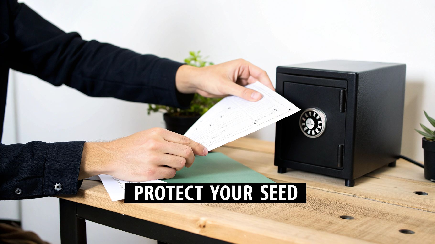 A person carefully writing down their 12-word seed phrase on paper, symbolizing the personal responsibility of wallet security.