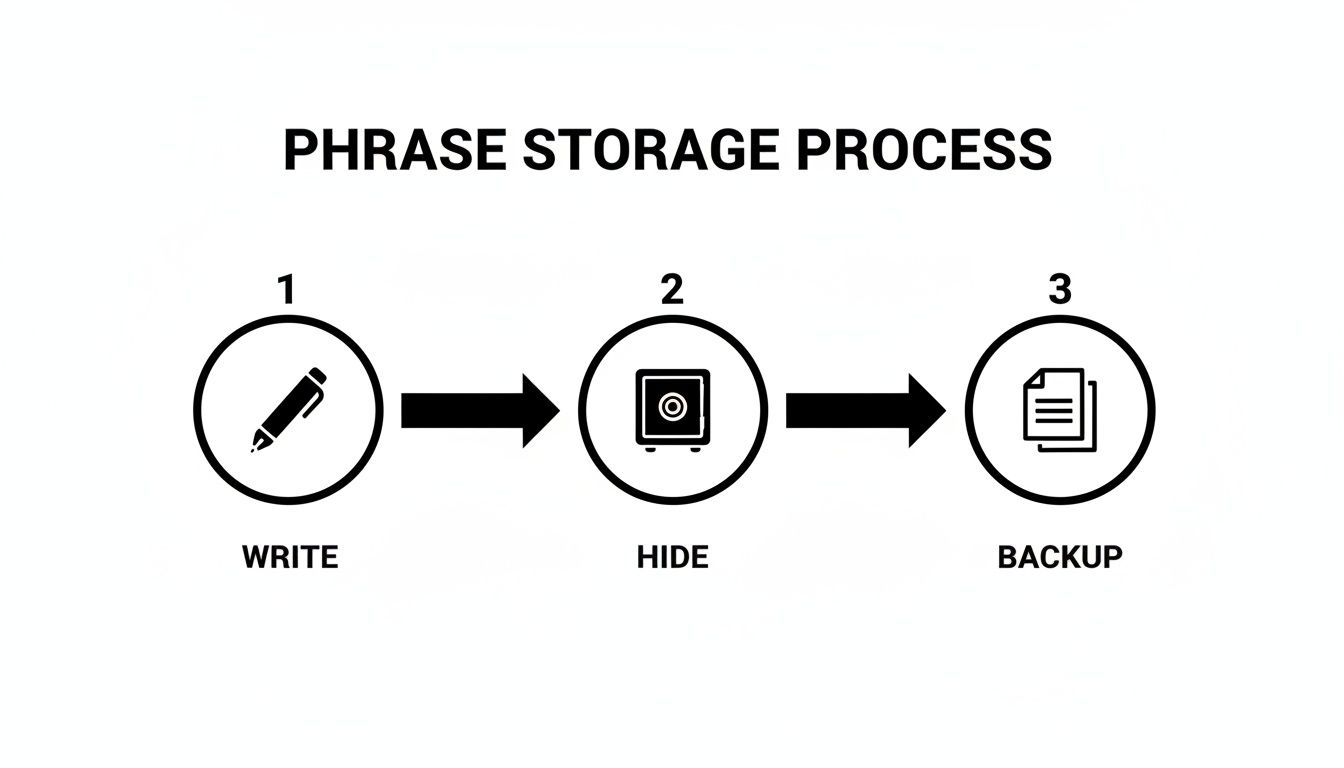 A diagram illustrates the three-step phrase storage process: write, hide, and backup.