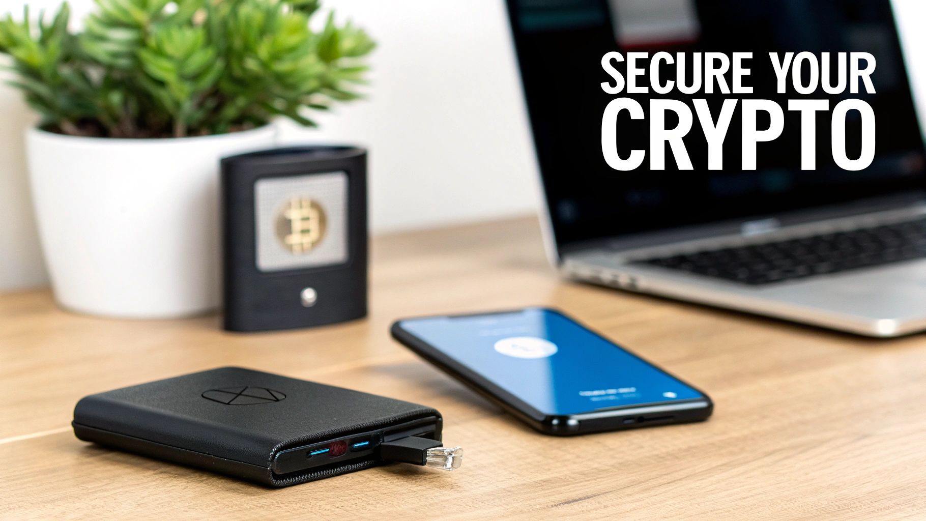 A cryptocurrency hardware wallet connected to an Ethernet cable, a smartphone, and a laptop, emphasizing crypto security.