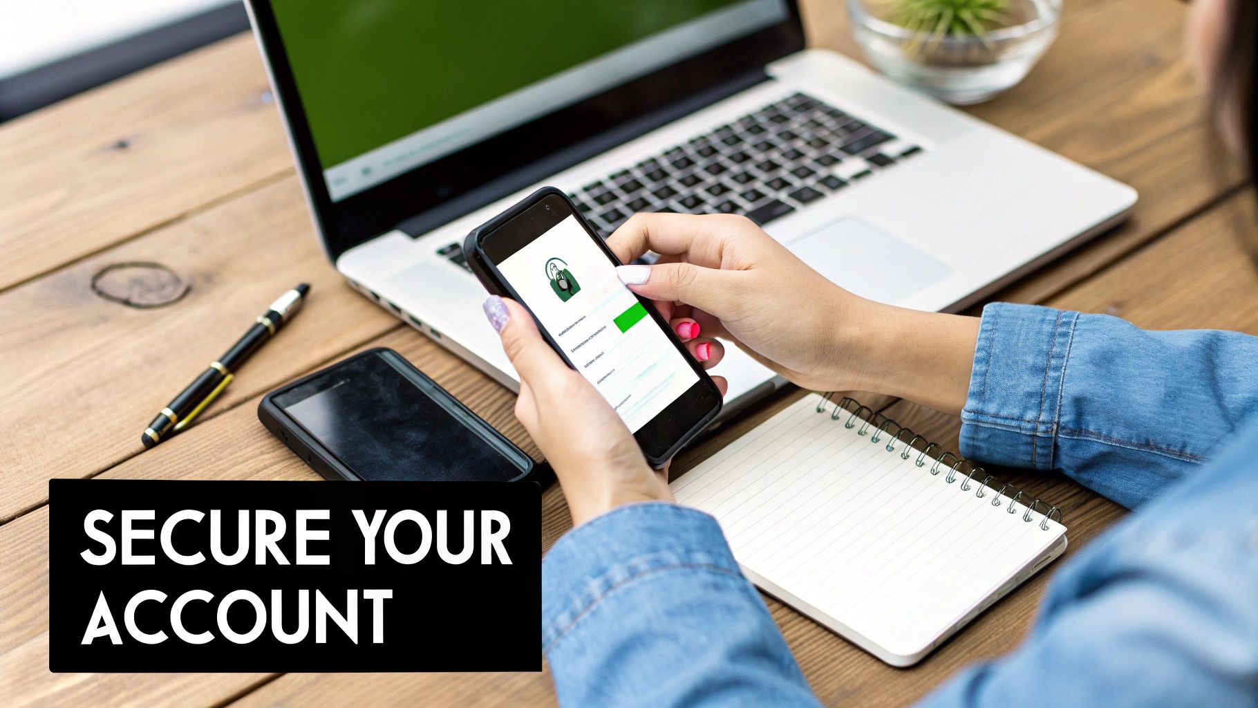 Person securing an account on a smartphone with a lock icon, next to a laptop on a wooden desk.