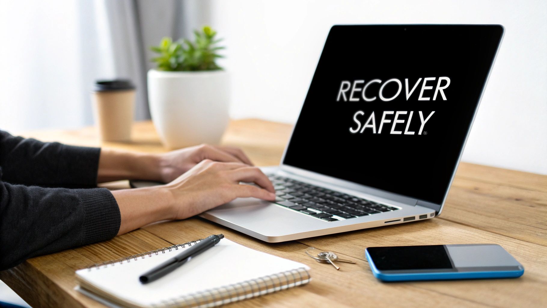 Person typing on a laptop displaying 'RECOVER SAFELY' on its screen, on a wooden desk.