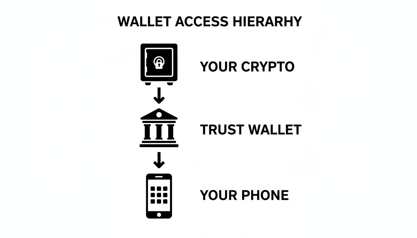 A diagram illustrates the wallet access hierarchy: your crypto, Trust Wallet, and your phone.