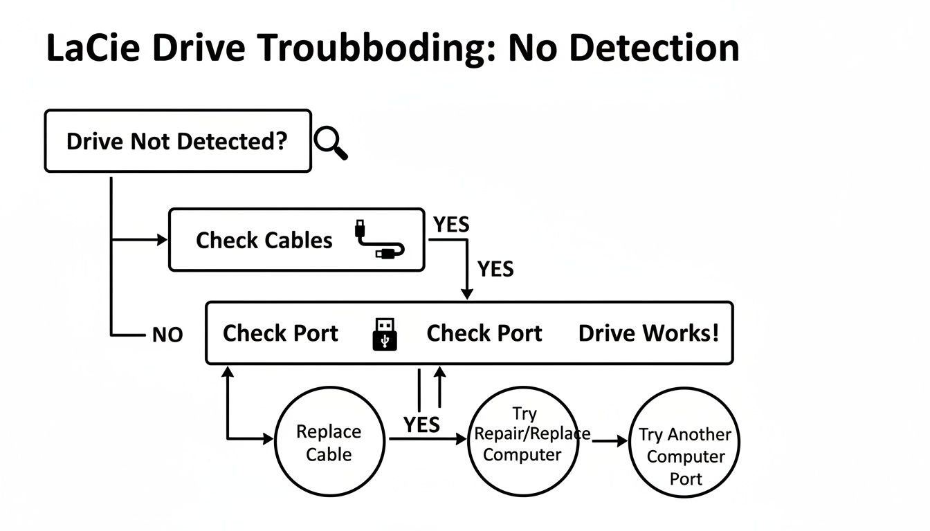 Flowchart detailing steps to troubleshoot a LaCie external drive that is not detected, checking cables and ports.