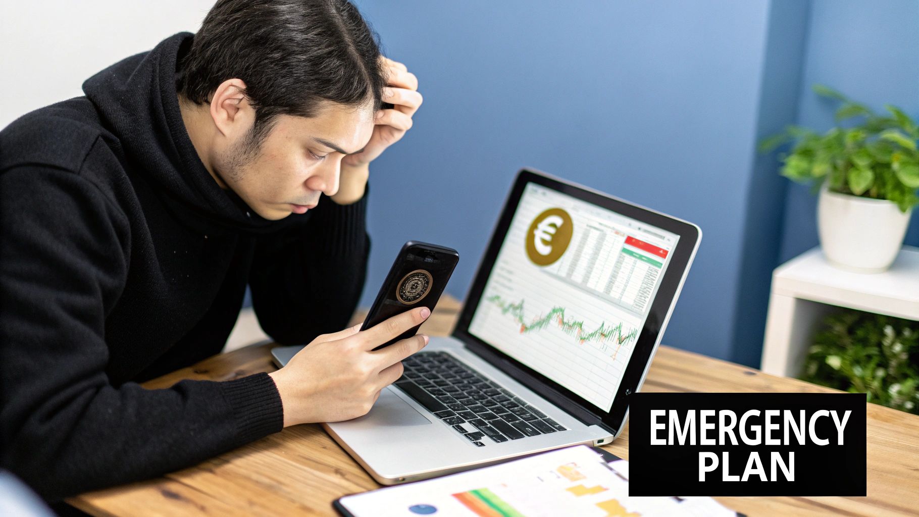 A person sitting in front of a computer, looking stressed and concerned, with cryptocurrency charts in the background, representing the immediate aftermath of a crypto scam.