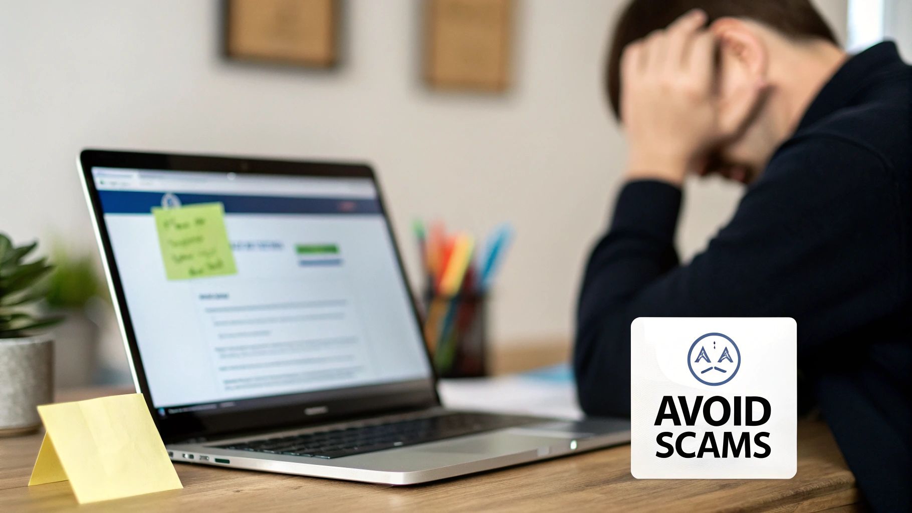 Distressed man at a laptop with sticky notes and an "AVOID SCAMS" warning sign.