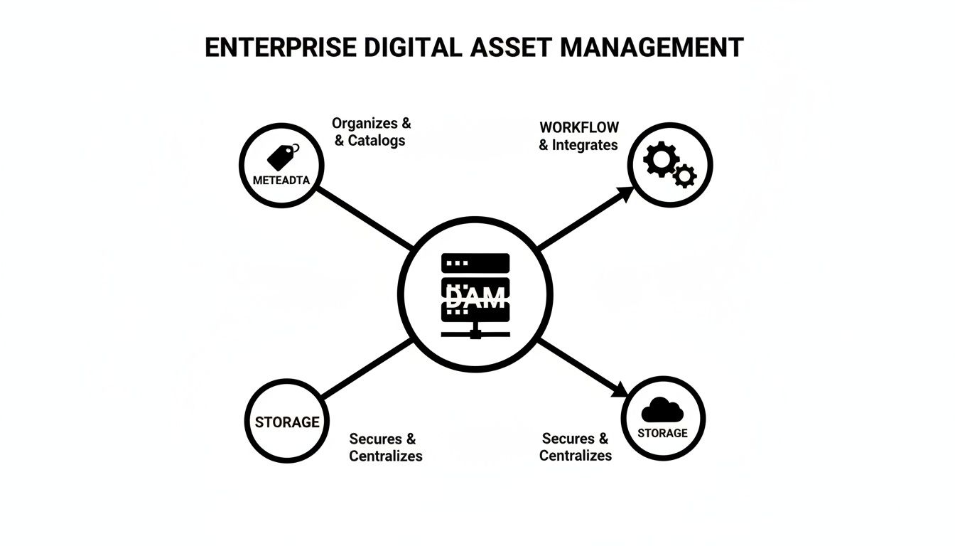 A diagram illustrating Enterprise Digital Asset Management (DAM) connecting metadata, workflow, and storage.
