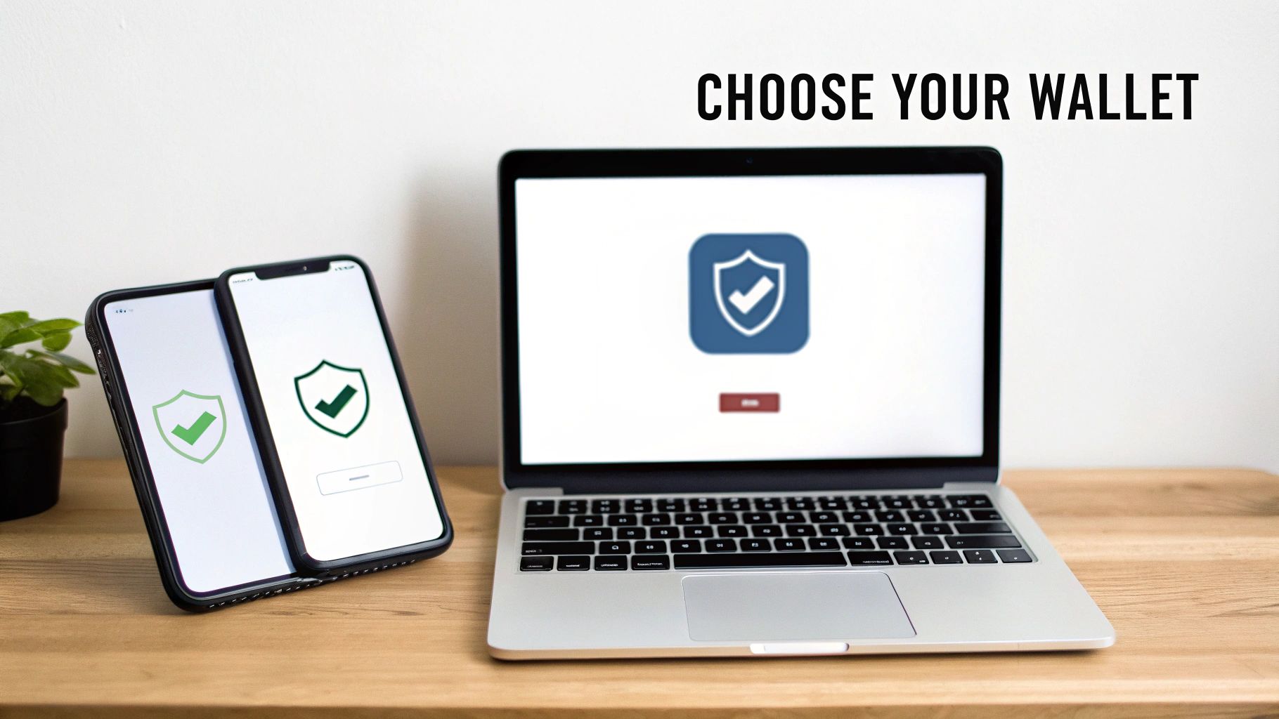 A laptop and two smartphones displaying a secure digital wallet app on a wooden desk.