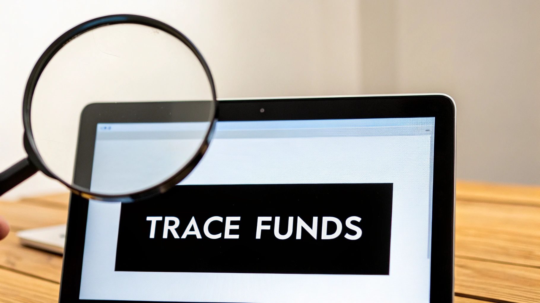 A magnifying glass is held over a laptop screen displaying 'TRACE FUNDS' on a black background.