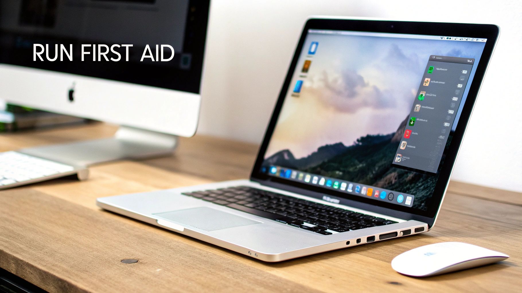 A modern workspace featuring a MacBook Pro, an iMac, and a white mouse on a wooden desk.