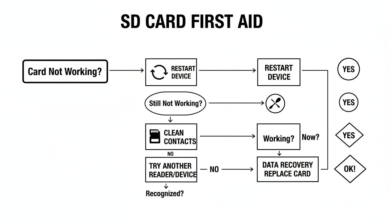 A flowchart illustrating SD card first aid steps, troubleshooting a non-working SD card with restart, cleaning, and recovery options.