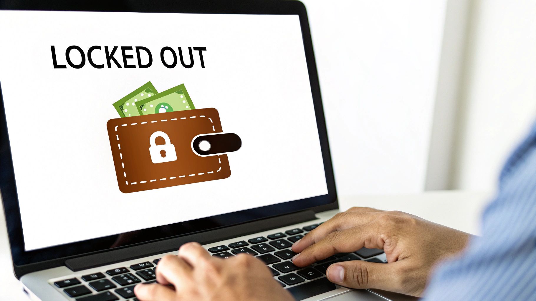 A person types on a laptop displaying 'LOCKED OUT' with an icon of a secure digital wallet.