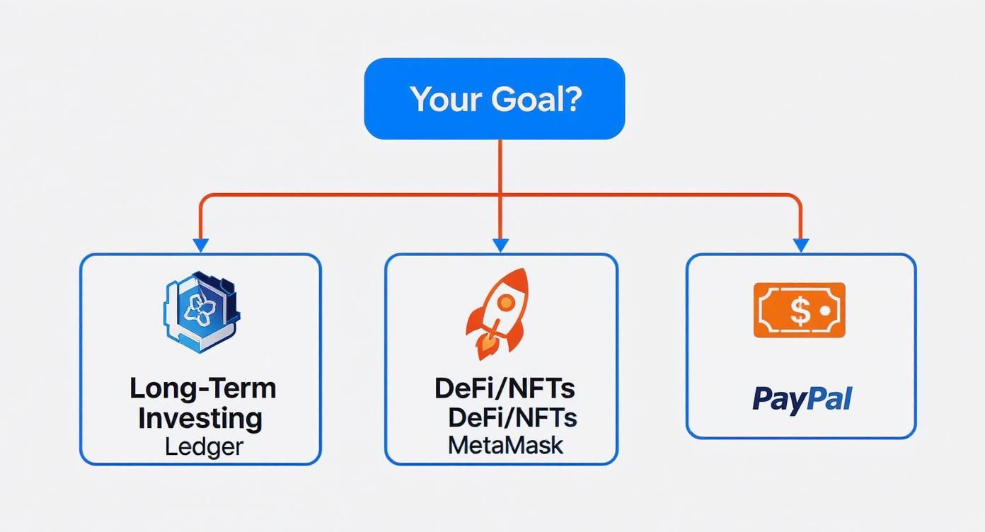 Flowchart comparing digital wallet options for various goals: long-term investing, DeFi/NFTs, and PayPal.