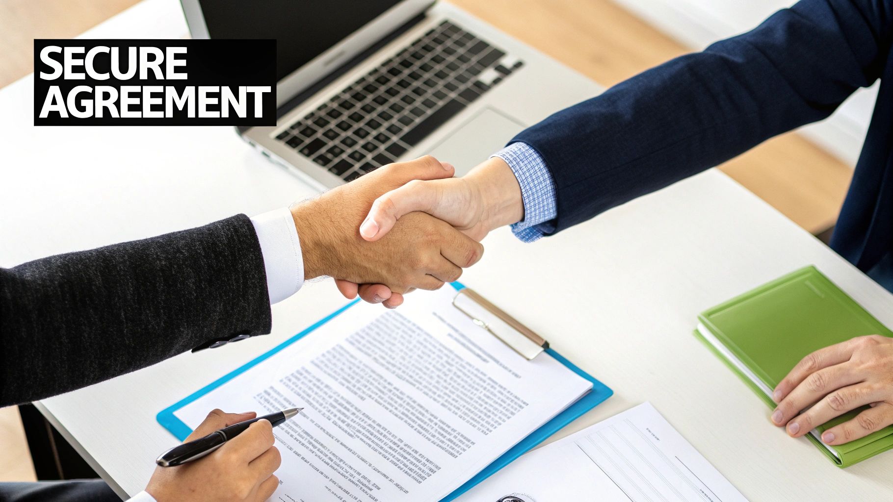 A person signing a document at a desk, symbolizing the secure and professional engagement with a crypto recovery specialist.