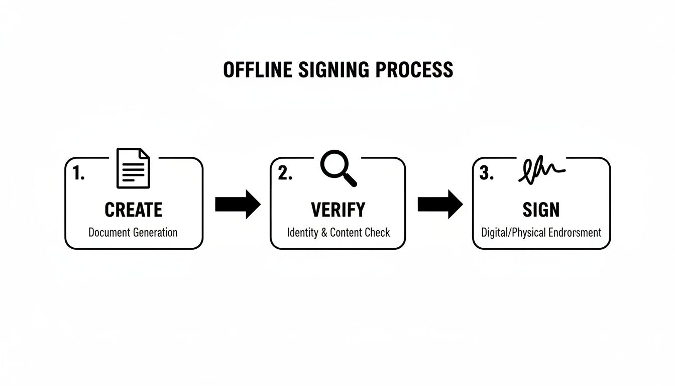 Diagram illustrating the three steps of an offline signing process: Create, Verify, Sign.