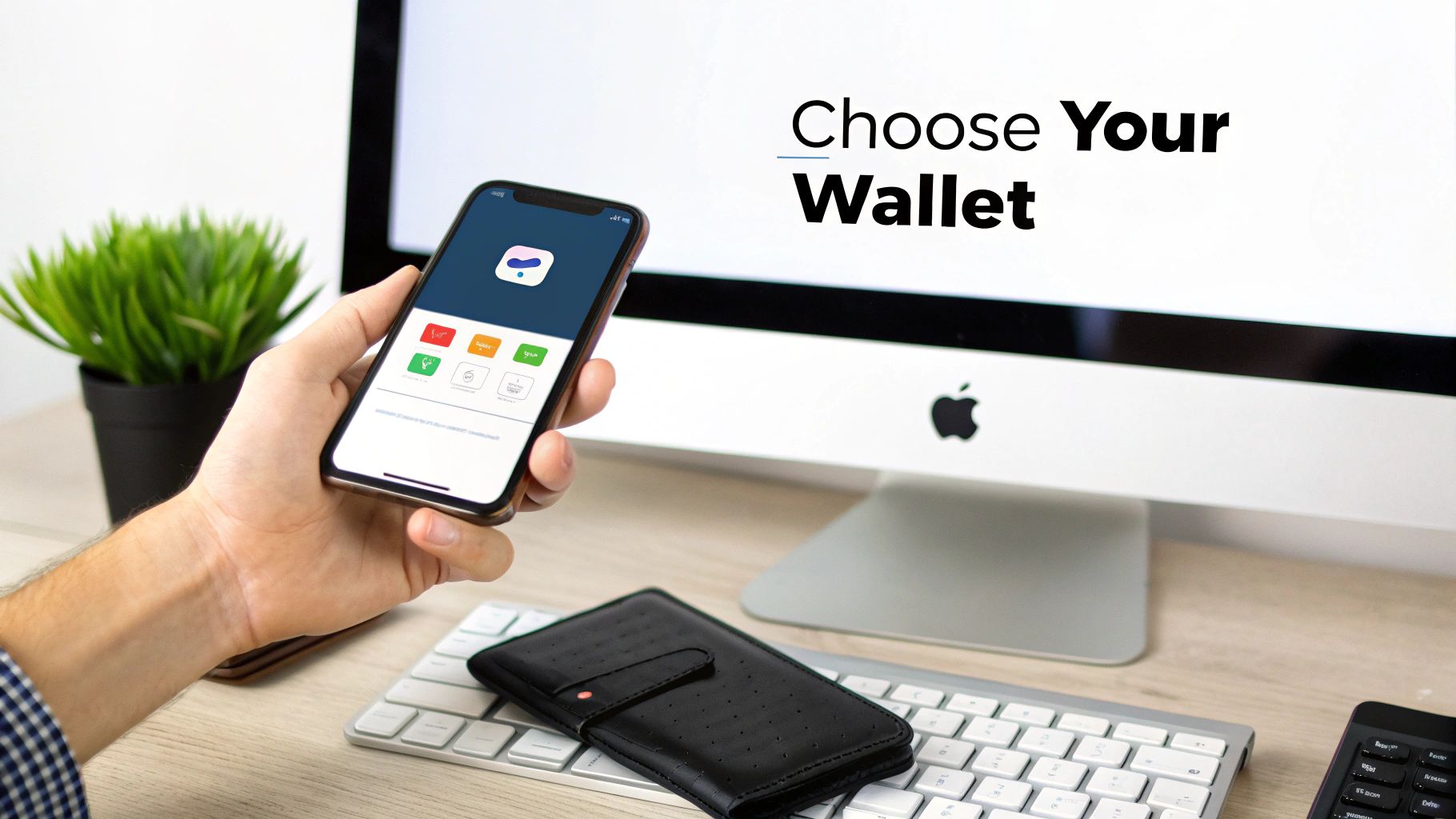 A hand holds a smartphone displaying a digital wallet app, with a computer monitor showing 'Choose Your Wallet'.