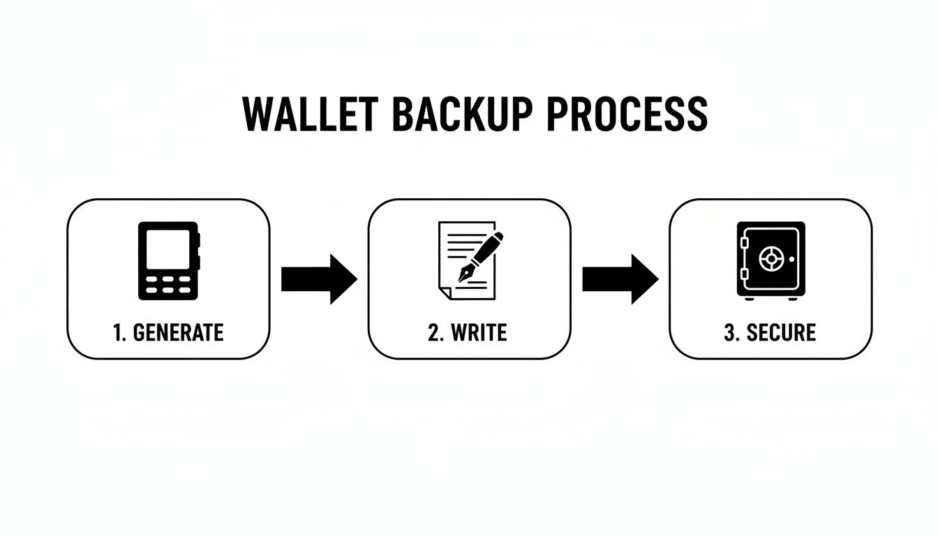 Diagram illustrating the three steps of a wallet backup process: generate, write, and secure.