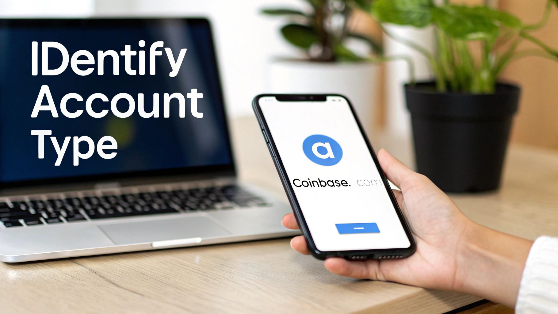 A person's hand holds a smartphone displaying the Coinbase logo and 'Coinbase.com' next to a laptop with 'IDentify Account Type' text.