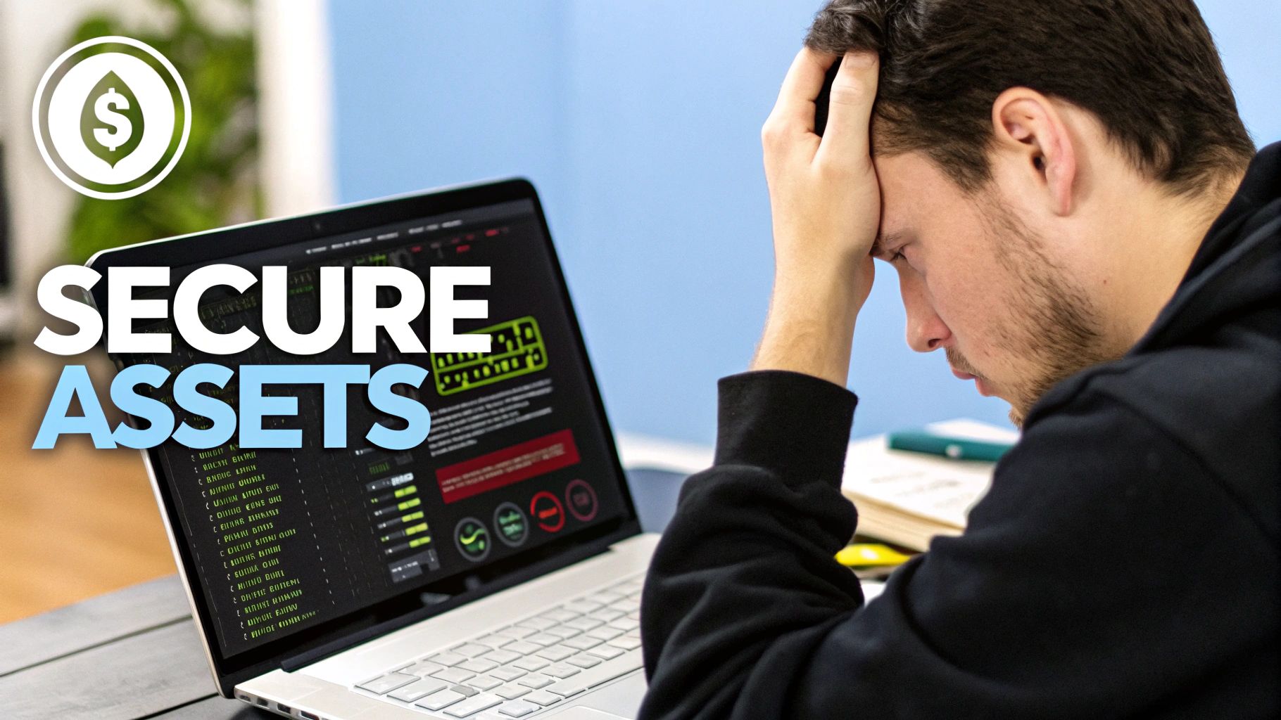 A person looking stressed while working on a laptop in a dimly lit room, representing the panic of crypto theft.