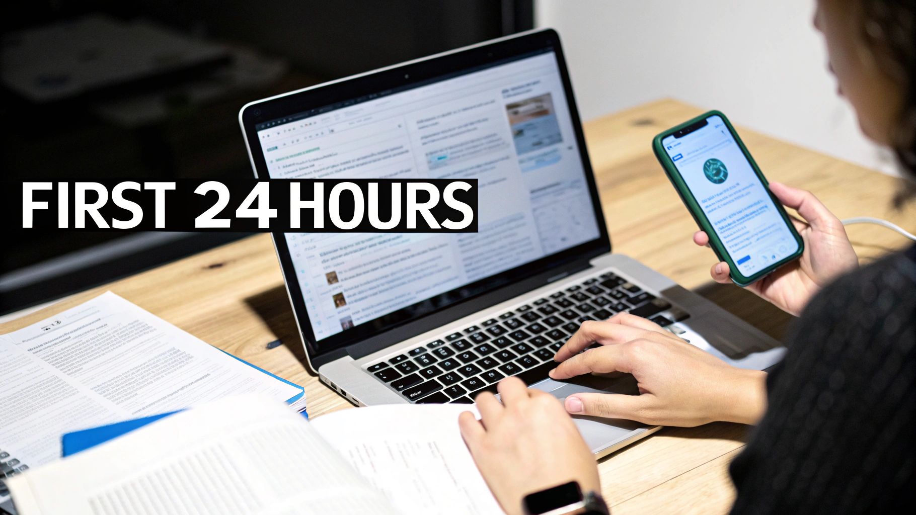 Person intently working on a laptop and smartphone, amidst documents, possibly handling an urgent task.