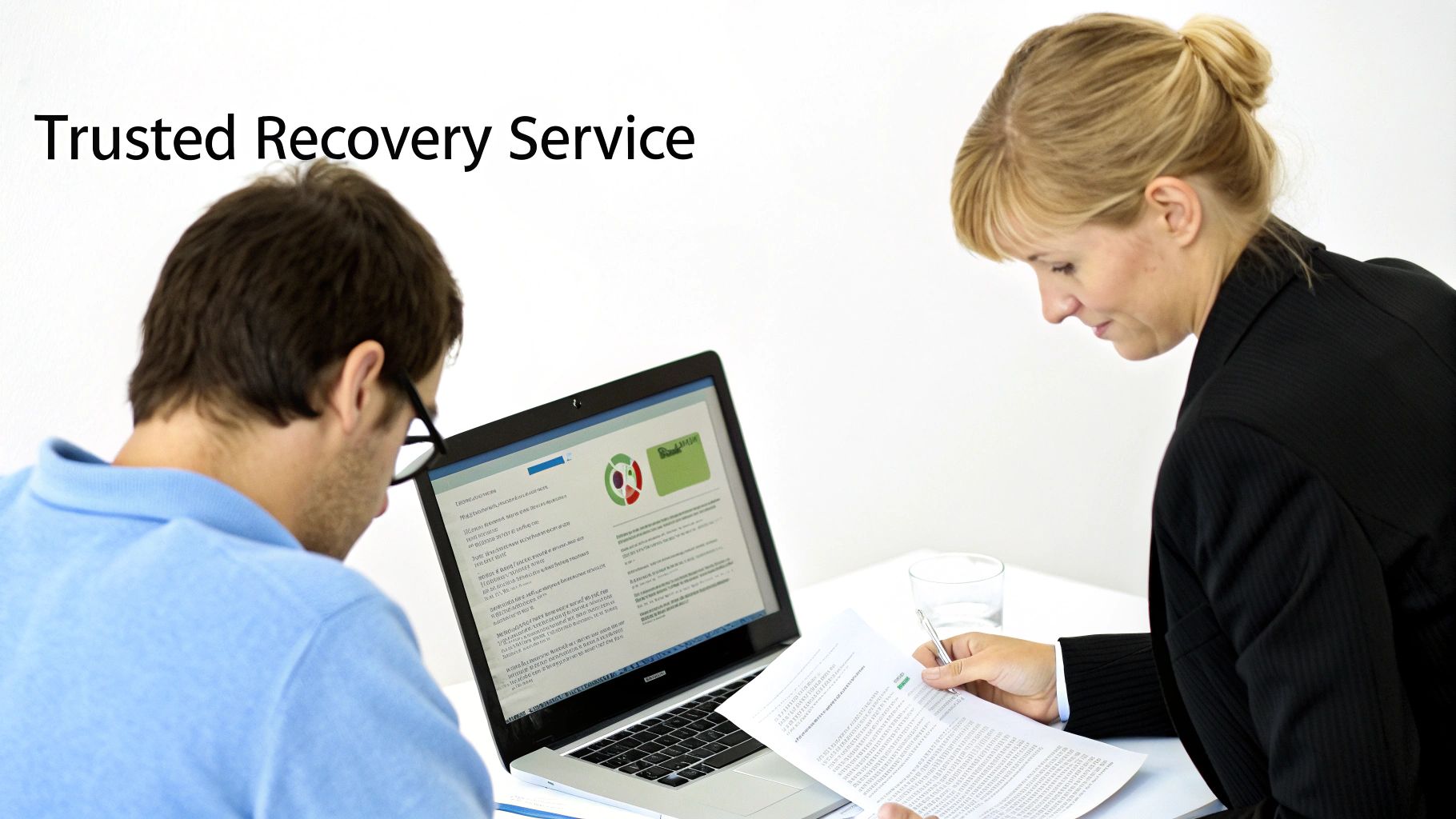 Two professionals, a man on a laptop and a woman with documents, engaging in a trusted recovery service consultation.