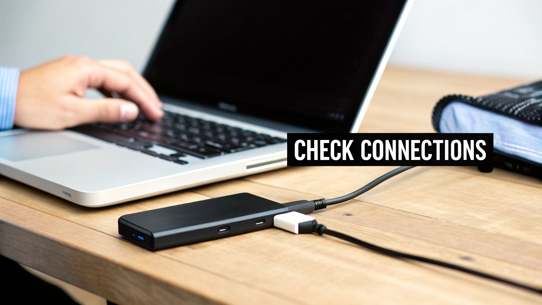 Hand typing on a laptop with an external hard drive connected, displaying 'CHECK CONNECTIONS' text.