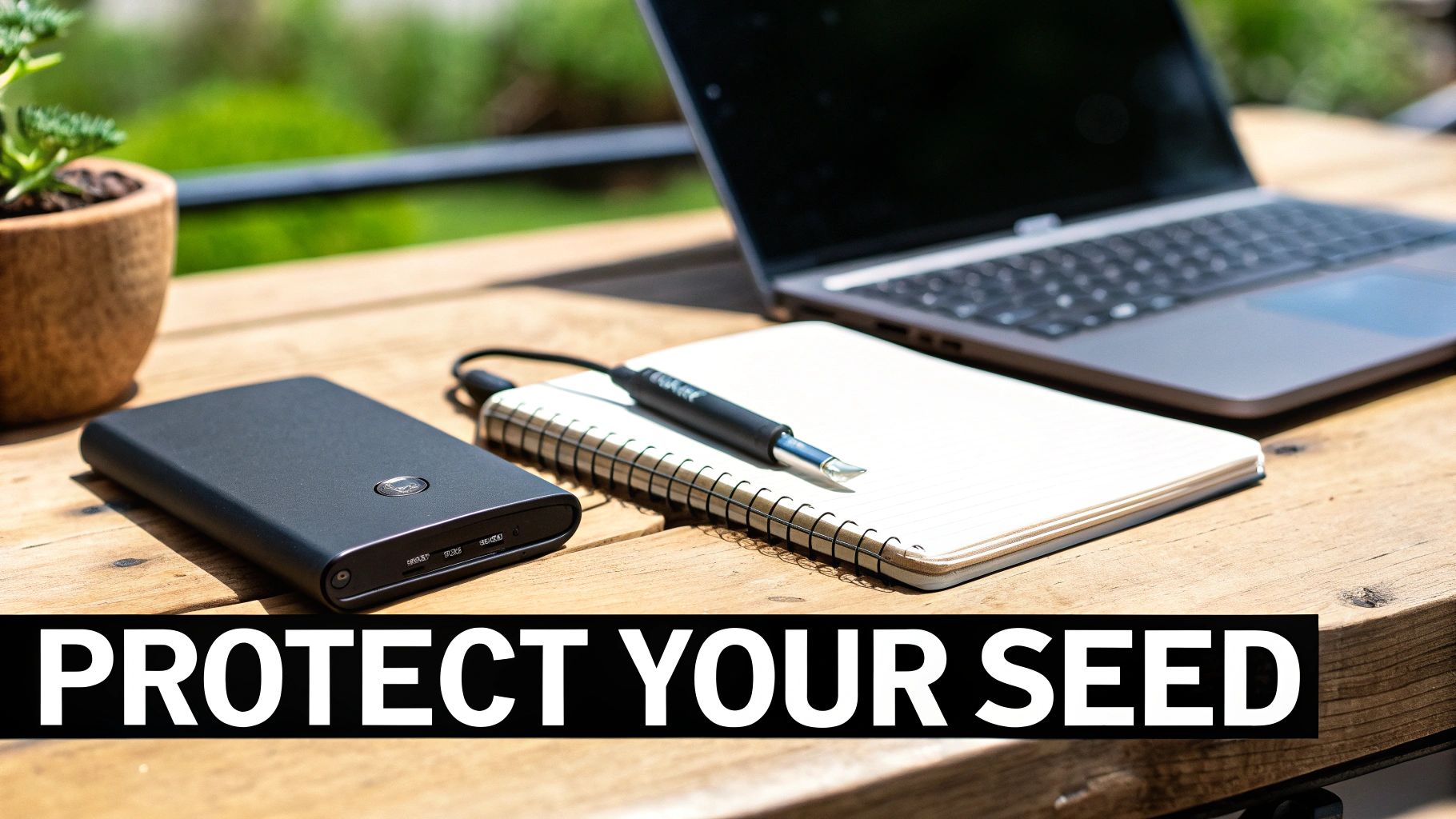 Laptop computer with external hard drive and notebook on wooden desk for cryptocurrency security