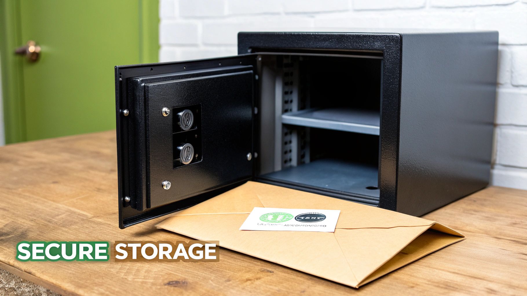 An open black safe with two shelves sits on a wooden table, next to a brown envelope.