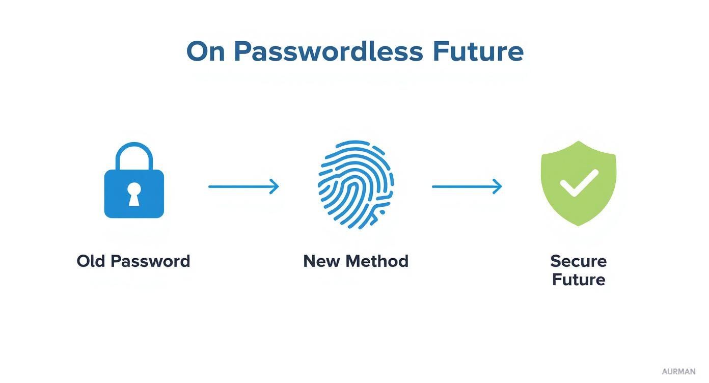 Infographic showing the process flow from old passwords to new passwordless methods for a secure future.