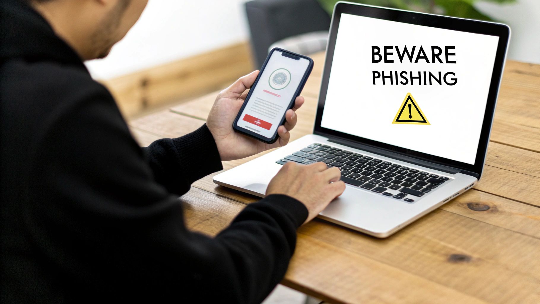 Person using laptop displaying 'BEWARE PHISHING' and smartphone with a security verification screen.