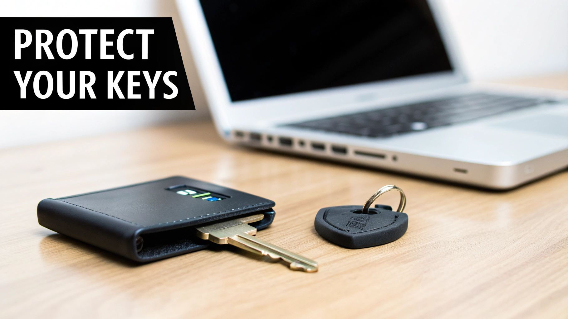 A black key organizer with a golden key, a black keychain, and a laptop on a wooden desk.