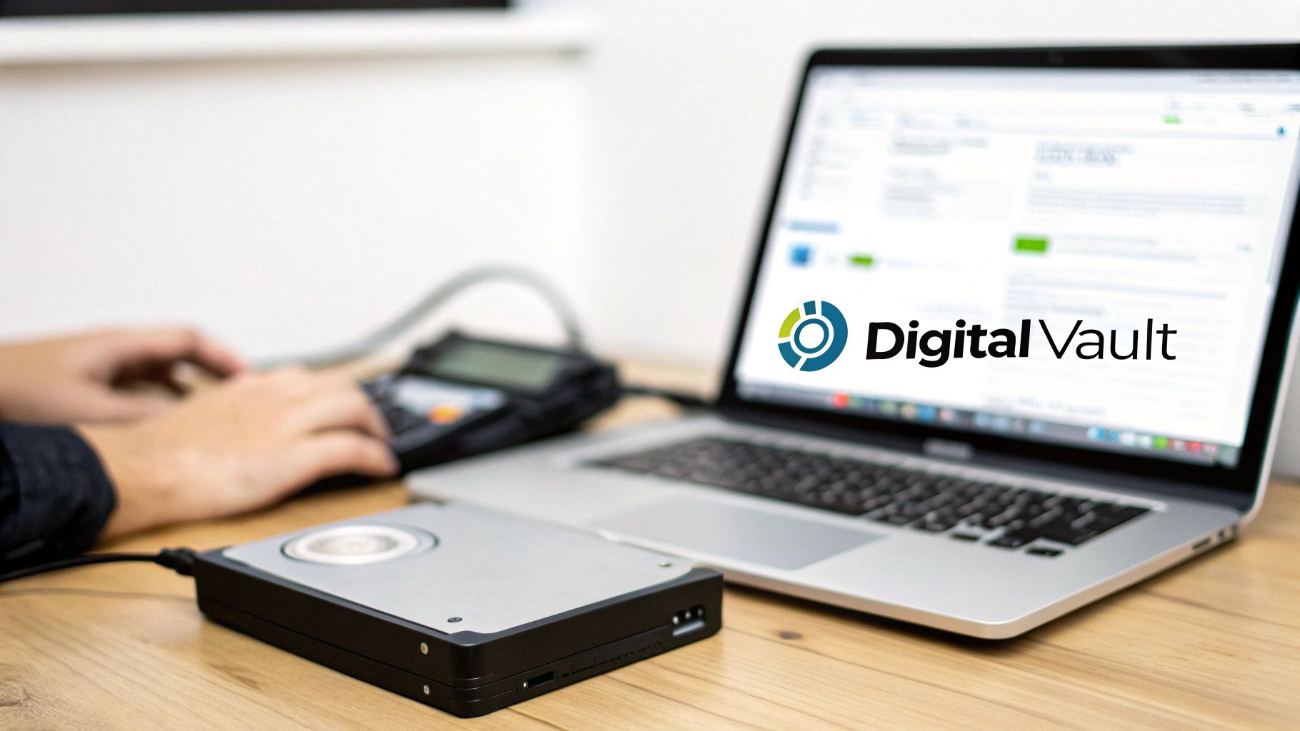 Person working on a laptop displaying 'DigitalVault' logo, connected to an external hard drive.