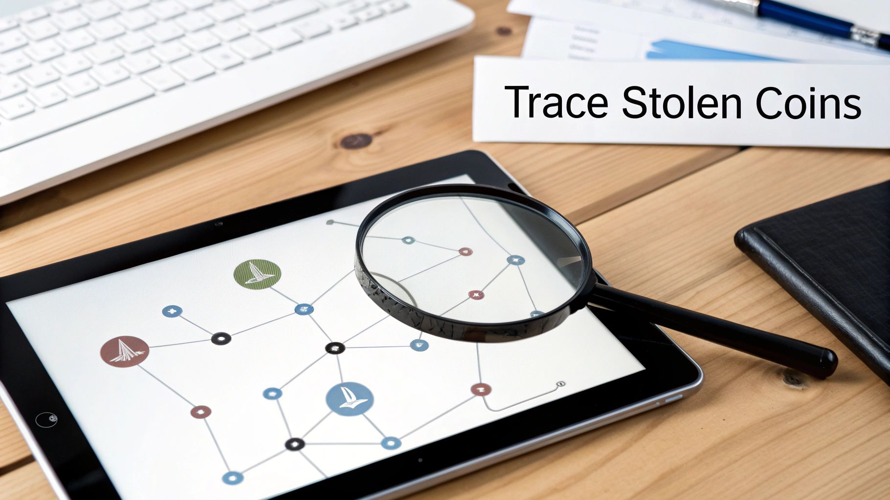 A magnifying glass on a tablet screen showing a network graph, with 'Trace Stolen Coins' text.