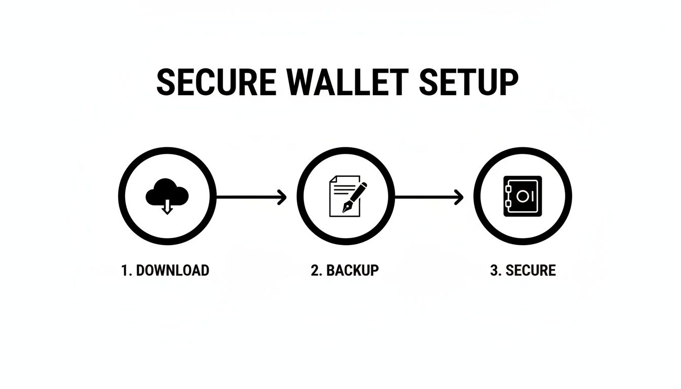 A three-step infographic for secure digital wallet setup, showing download, backup, and secure icons.