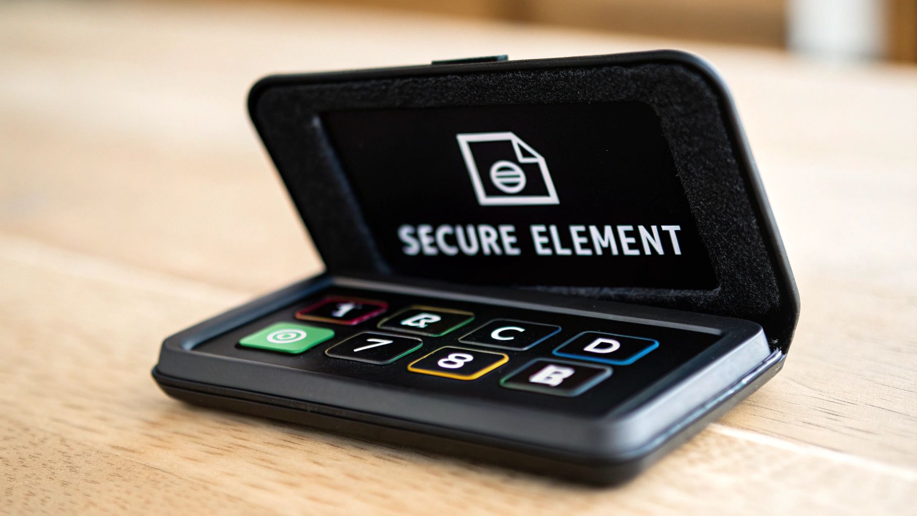 A black secure element hardware wallet with an open screen displaying 'SECURE ELEMENT' and a keypad.