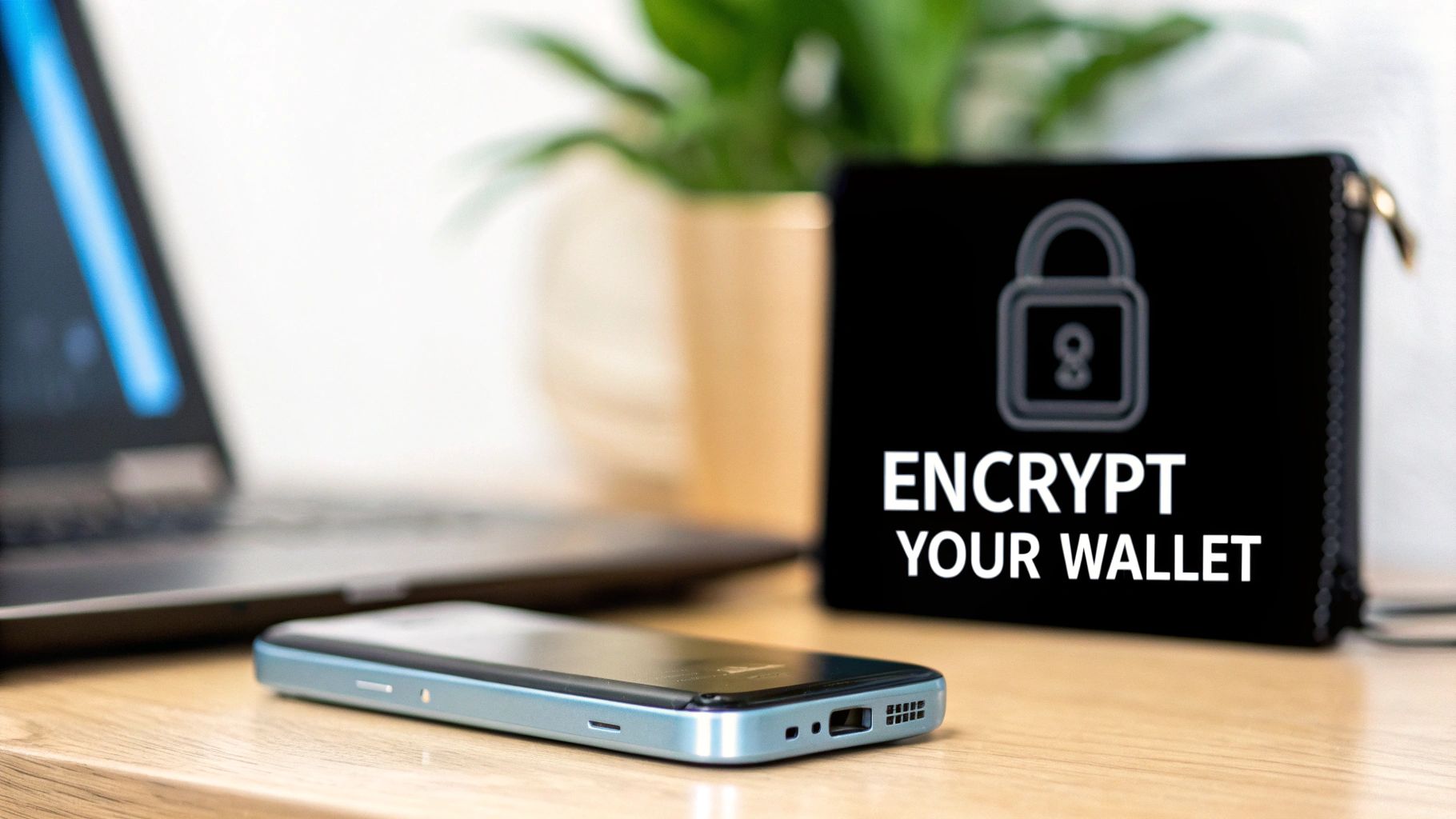 A smartphone and laptop on a wooden desk, next to a wallet displaying "Encrypt Your Wallet" with a lock icon, emphasizing digital security.