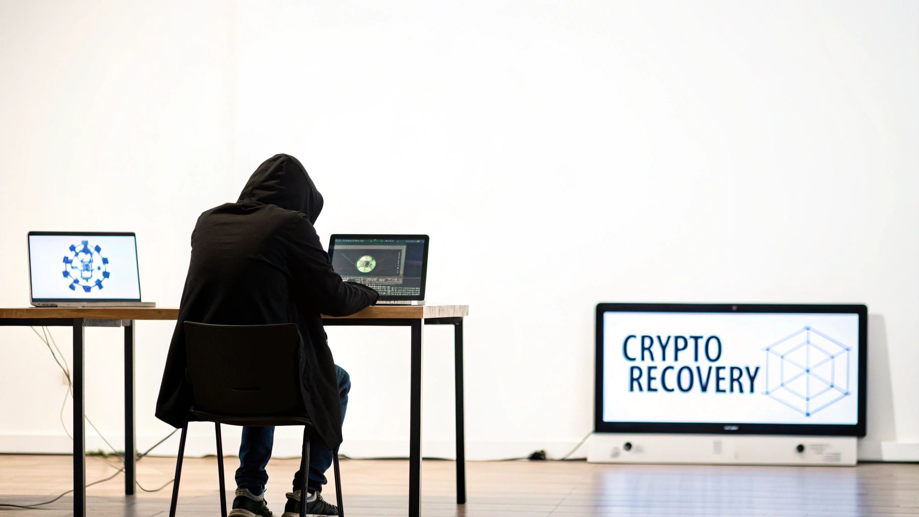 A person using a magnifying glass to inspect a digital representation of a blockchain network, symbolizing forensic analysis.